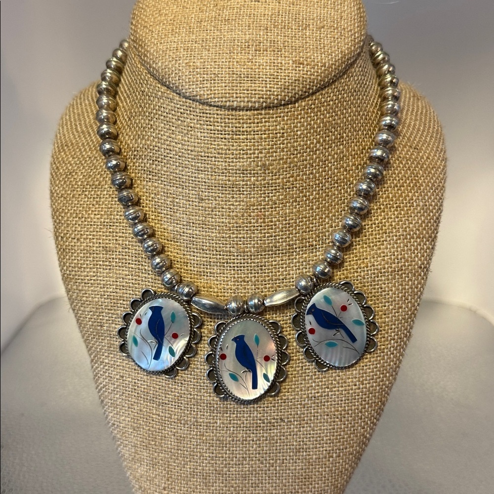 Sterling Silver 9.25 Beaded Necklace with Blue Birds. Vintage 16 inches - Picture 4 of 8